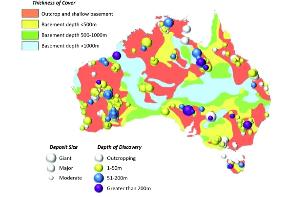 Geographical distribution and depth of Australian mineral discoveries –excluding bulk commodities - in relation to estimated cover thickness. Data sourced from MinExConsulting (August 2010) and Geoscience Australia. Reproduced with permission of Richard Schodde, MinEx Consulting.